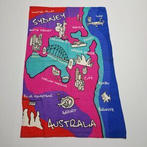 Vintage 90s Tea Towel Souvenir Sydney Australia EUC 28" X 18" Cartoon Map Hand